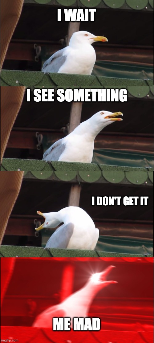 Inhaling Seagull | I WAIT; I SEE SOMETHING; I DON'T GET IT; ME MAD | image tagged in memes,inhaling seagull | made w/ Imgflip meme maker