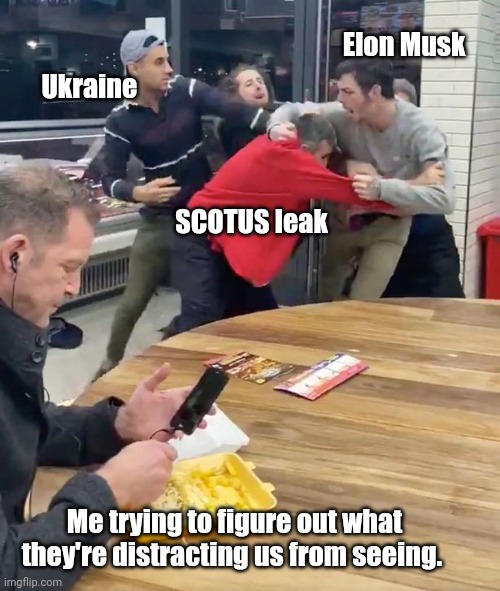Today's distraction? | Elon Musk; Ukraine; SCOTUS leak; Me trying to figure out what they're distracting us from seeing. | image tagged in fighting | made w/ Imgflip meme maker