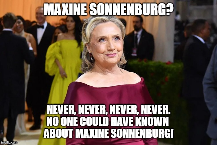 Maxine Thought Hillary and Bill were on her side | MAXINE SONNENBURG? NEVER, NEVER, NEVER, NEVER.
NO ONE COULD HAVE KNOWN 
ABOUT MAXINE SONNENBURG! | image tagged in nobody cares,bill and hillary clinton,moms against jesus,conspiracy theory | made w/ Imgflip meme maker