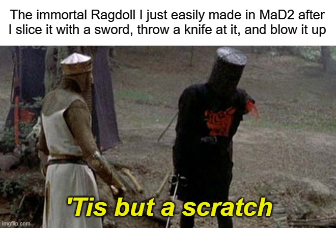 Tis but a scratch | The immortal Ragdoll I just easily made in MaD2 after I slice it with a sword, throw a knife at it, and blow it up; 'Tis but a scratch | image tagged in tis but a scratch | made w/ Imgflip meme maker