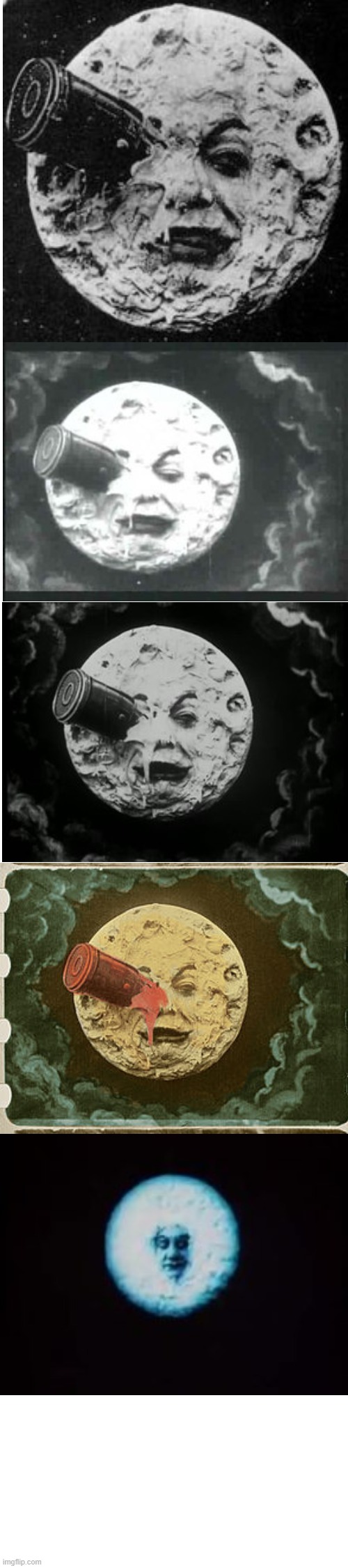 compilation of what seems to be the most famous character from the 1902 film, A Trip to the Moon | image tagged in extended white blank template,space,disturbing,the moon | made w/ Imgflip meme maker