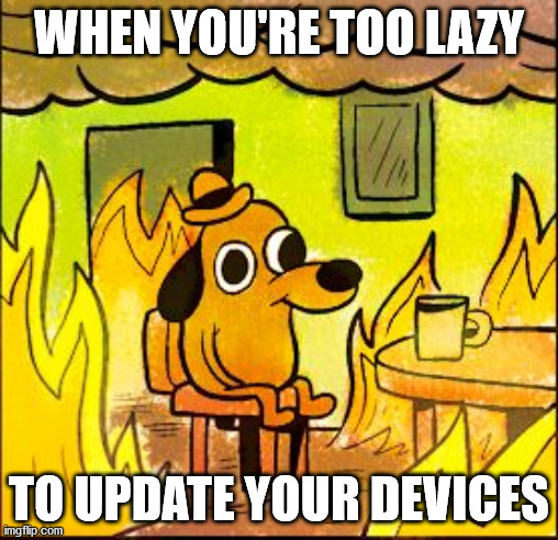 You're gonna need those hotfixes | WHEN YOU'RE TOO LAZY; TO UPDATE YOUR DEVICES | image tagged in this is fine | made w/ Imgflip meme maker