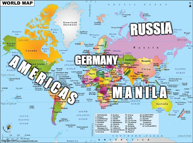 world map but its 4 nations |  RUSSIA; GERMANY; A M E R I C A S; M A N I L A | image tagged in world | made w/ Imgflip meme maker