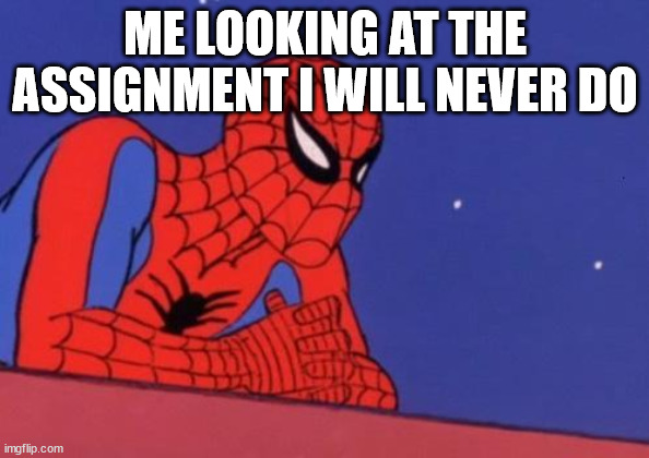 True | ME LOOKING AT THE ASSIGNMENT I WILL NEVER DO | image tagged in spiderman thinking | made w/ Imgflip meme maker