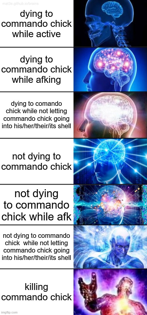 BIG BRAIN B KEEPER | dying to commando chick while active; dying to commando chick while afking; dying to comando chick while not letting commando chick going into his/her/their/its shell; not dying to commando chick; not dying to commando chick while afk; not dying to commando chick  while not letting commando chick going into his/her/their/its shell; killing commando chick | image tagged in 7-tier expanding brain | made w/ Imgflip meme maker