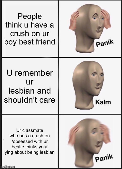 Bruh moment | People think u have a crush on ur boy best friend; U remember ur lesbian and shouldn’t care; Ur classmate who has a crush on /obsessed with ur bestie thinks your lying about being lesbian | image tagged in memes,panik kalm panik,lesbian problems | made w/ Imgflip meme maker