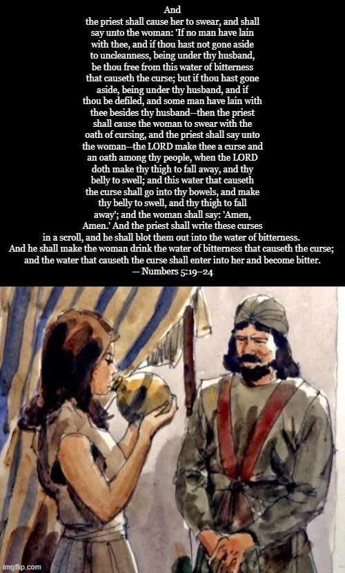 A post-Roe remedy straight from the Bible. :) | And the priest shall cause her to swear, and shall say unto the woman: 'If no man have lain with thee, and if thou hast not gone aside to uncleanness, being under thy husband, be thou free from this water of bitterness that causeth the curse; but if thou hast gone aside, being under thy husband, and if thou be defiled, and some man have lain with thee besides thy husband--then the priest shall cause the woman to swear with the oath of cursing, and the priest shall say unto the woman--the LORD make thee a curse and an oath among thy people, when the LORD doth make thy thigh to fall away, and thy belly to swell; and this water that causeth the curse shall go into thy bowels, and make thy belly to swell, and thy thigh to fall away'; and the woman shall say: 'Amen, Amen.' And the priest shall write these curses in a scroll, and he shall blot them out into the water of bitterness. 
And he shall make the woman drink the water of bitterness that causeth the curse; 
and the water that causeth the curse shall enter into her and become bitter.

— Numbers 5:19–24 | image tagged in trial of the bitter water,bible,holy bible,the bible,bible verse,abortion | made w/ Imgflip meme maker