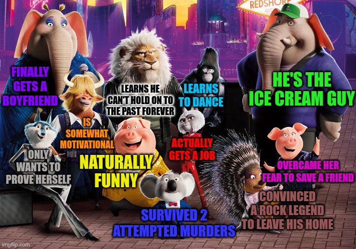 pros of these characters | FINALLY GETS A BOYFRIEND; HE'S THE ICE CREAM GUY; LEARNS HE CAN'T HOLD ON TO THE PAST FOREVER; LEARNS TO DANCE; IS SOMEWHAT MOTIVATIONAL; ONLY WANTS TO PROVE HERSELF; ACTUALLY GETS A JOB; NATURALLY FUNNY; OVERCAME HER FEAR TO SAVE A FRIEND; CONVINCED A ROCK LEGEND TO LEAVE HIS HOME; SURVIVED 2 ATTEMPTED MURDERS | made w/ Imgflip meme maker