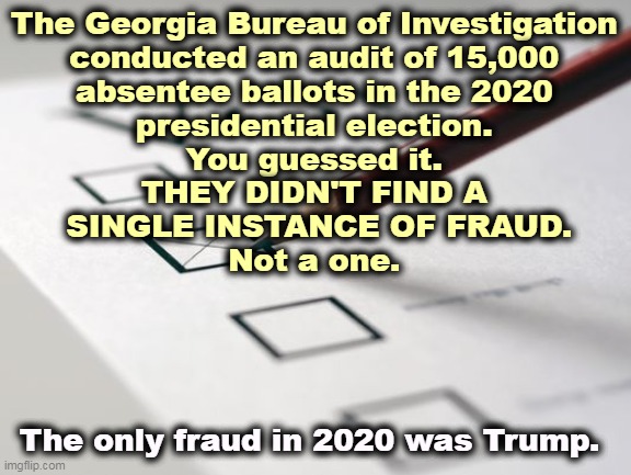 Donald Trump, Mr. Electoral Fraud himself. | The Georgia Bureau of Investigation 

conducted an audit of 15,000 
absentee ballots in the 2020 
presidential election. 
You guessed it. 
THEY DIDN'T FIND A 
SINGLE INSTANCE OF FRAUD.
Not a one. The only fraud in 2020 was Trump. | image tagged in voting ballot,trump,voter fraud,republicans | made w/ Imgflip meme maker