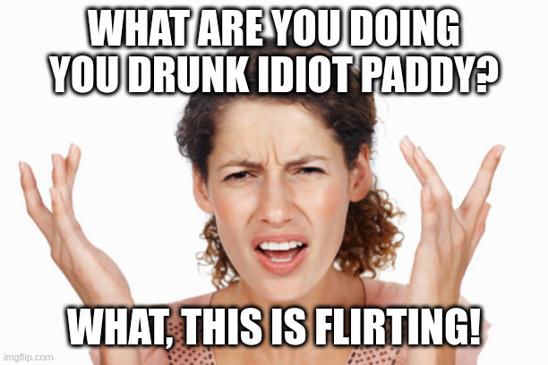 Indignant | WHAT ARE YOU DOING YOU DRUNK IDIOT PADDY? WHAT, THIS IS FLIRTING! | image tagged in indignant | made w/ Imgflip meme maker