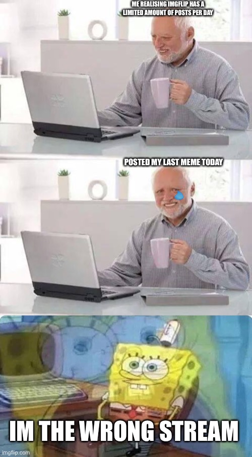 Last Post Today And It's In The Wrong Stream | ME REALISING IMGFLIP HAS A LIMITED AMOUNT OF POSTS PER DAY; POSTED MY LAST MEME TODAY; IM THE WRONG STREAM | image tagged in memes,hide the pain harold,sponge bob screaming internally | made w/ Imgflip meme maker