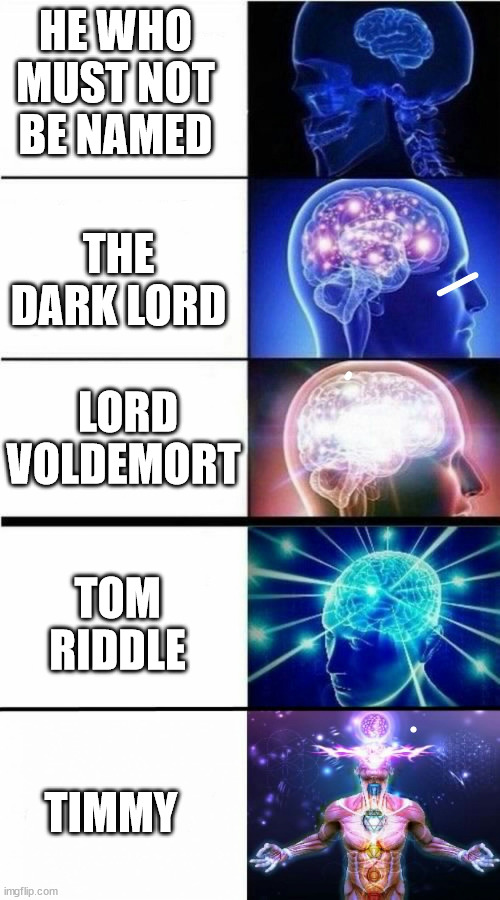 The dark lord many names |  HE WHO MUST NOT BE NAMED; THE DARK LORD; LORD VOLDEMORT; TOM RIDDLE; TIMMY | image tagged in galaxy brain,harry potter,lord voldemort,tom riddle | made w/ Imgflip meme maker