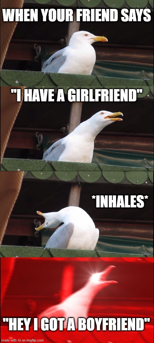 Inhaling Seagull | WHEN YOUR FRIEND SAYS; "I HAVE A GIRLFRIEND"; *INHALES*; "HEY I GOT A BOYFRIEND" | image tagged in memes,inhaling seagull | made w/ Imgflip meme maker