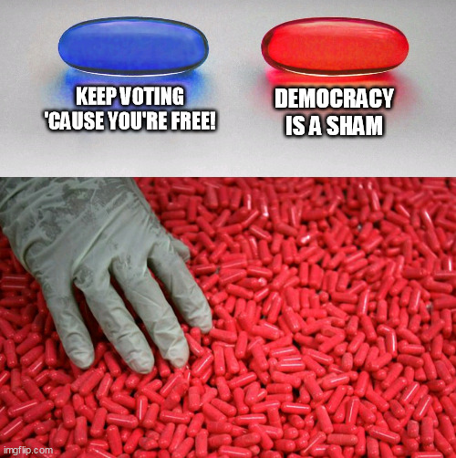 Blue or red pill | KEEP VOTING 'CAUSE YOU'RE FREE! DEMOCRACY IS A SHAM | image tagged in blue or red pill | made w/ Imgflip meme maker
