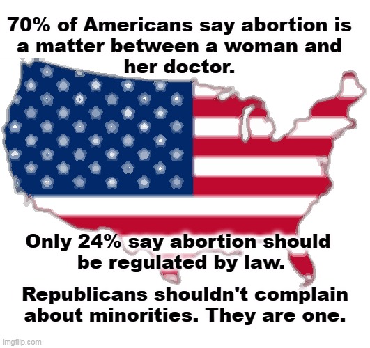 Republican rule is minority rule. | 70% of Americans say abortion is 
a matter between a woman and 
her doctor. Only 24% say abortion should 
be regulated by law. Republicans shouldn't complain about minorities. They are one. | image tagged in map of usa transparent,republican,abortion,minorities,democrats,americans | made w/ Imgflip meme maker