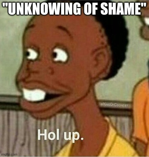 hol up | "UNKNOWING OF SHAME" | image tagged in hol up | made w/ Imgflip meme maker