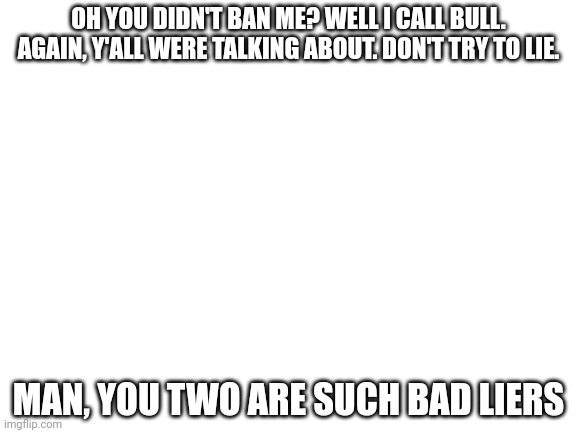 I'm a bitch. Lol. | OH YOU DIDN'T BAN ME? WELL I CALL BULL. AGAIN, Y'ALL WERE TALKING ABOUT. DON'T TRY TO LIE. MAN, YOU TWO ARE SUCH BAD LIERS | image tagged in blank white template | made w/ Imgflip meme maker