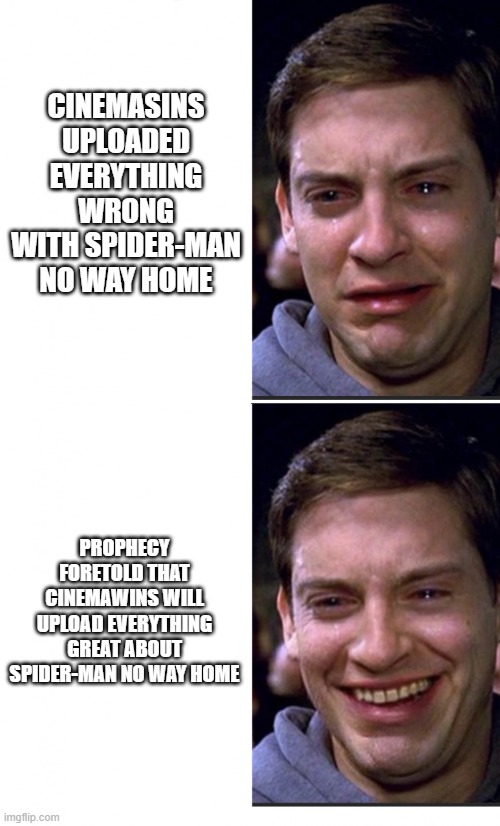 Don't worry, CinemaWins will upload No Way Home | CINEMASINS UPLOADED EVERYTHING WRONG WITH SPIDER-MAN NO WAY HOME; PROPHECY FORETOLD THAT CINEMAWINS WILL UPLOAD EVERYTHING GREAT ABOUT SPIDER-MAN NO WAY HOME | image tagged in peter parker crying/happy,spiderman,spiderman peter parker | made w/ Imgflip meme maker