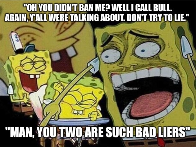 Spongebob laughing Hysterically | "OH YOU DIDN'T BAN ME? WELL I CALL BULL. AGAIN, Y'ALL WERE TALKING ABOUT. DON'T TRY TO LIE."; "MAN, YOU TWO ARE SUCH BAD LIERS" | image tagged in spongebob laughing hysterically | made w/ Imgflip meme maker