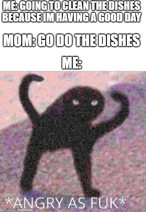 Do the dishes | ME: GOING TO CLEAN THE DISHES BECAUSE IM HAVING A GOOD DAY; MOM: GO DO THE DISHES; ME: | image tagged in angry as fuk | made w/ Imgflip meme maker