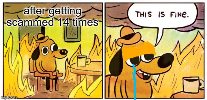 ahaha....... | after getting scammed 14 times | image tagged in memes,this is fine | made w/ Imgflip meme maker