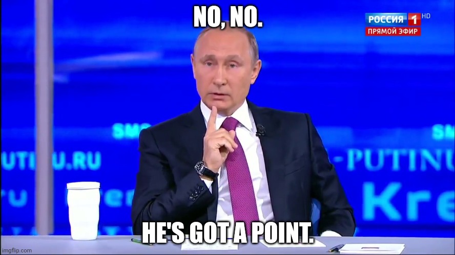 NO, NO. HE'S GOT A POINT. | image tagged in putin no no he's got a point | made w/ Imgflip meme maker