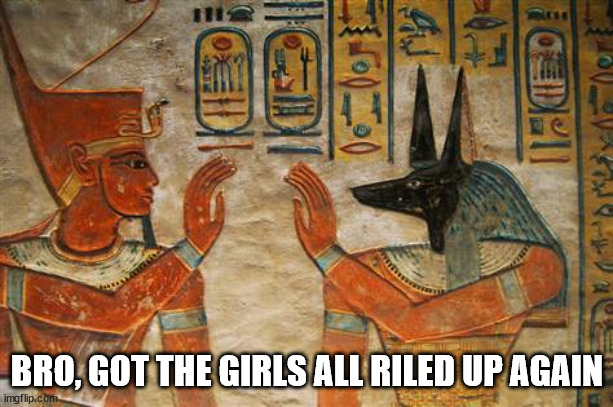 Egyptian High-Five | BRO, GOT THE GIRLS ALL RILED UP AGAIN | image tagged in egyptian high-five | made w/ Imgflip meme maker