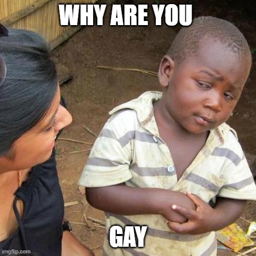 h | WHY ARE YOU; GAY | image tagged in memes,third world skeptical kid | made w/ Imgflip meme maker