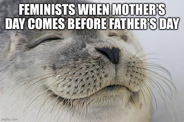 Finally, a positive feminist meme |  FEMINISTS WHEN MOTHER’S DAY COMES BEFORE FATHER’S DAY | image tagged in memes,satisfied seal,funny,true,feminists,feminist | made w/ Imgflip meme maker