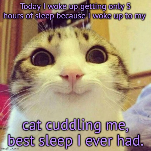 Smiling Cat | Today I woke up getting only 5 hours of sleep because I woke up to my; cat cuddling me, best sleep I ever had. | image tagged in memes,smiling cat,wholesome | made w/ Imgflip meme maker