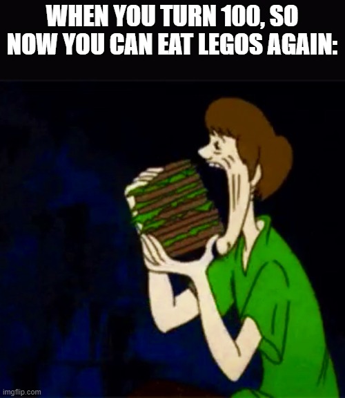 Yes funni | WHEN YOU TURN 100, SO NOW YOU CAN EAT LEGOS AGAIN: | image tagged in consuming scooby | made w/ Imgflip meme maker