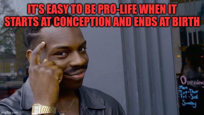 Pro-birth is the better term | IT'S EASY TO BE PRO-LIFE WHEN IT STARTS AT CONCEPTION AND ENDS AT BIRTH | image tagged in memes,roll safe think about it | made w/ Imgflip meme maker