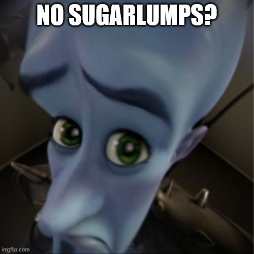 Megamind peeking | NO SUGARLUMPS? | image tagged in megamind peeking | made w/ Imgflip meme maker