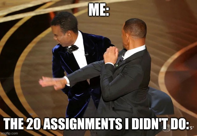 funny | ME:; THE 20 ASSIGNMENTS I DIDN'T DO: | image tagged in will smith punching chris rock | made w/ Imgflip meme maker