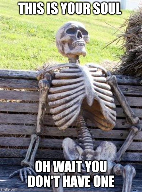 Waiting Skeleton | THIS IS YOUR SOUL; OH WAIT YOU DON'T HAVE ONE | image tagged in memes,waiting skeleton | made w/ Imgflip meme maker