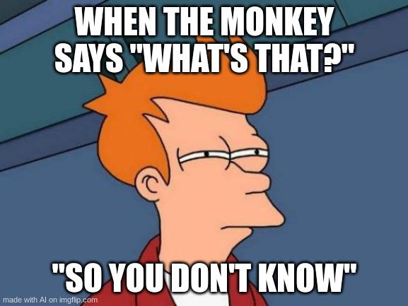 Futurama Fry | WHEN THE MONKEY SAYS "WHAT'S THAT?"; "SO YOU DON'T KNOW" | image tagged in memes,futurama fry | made w/ Imgflip meme maker