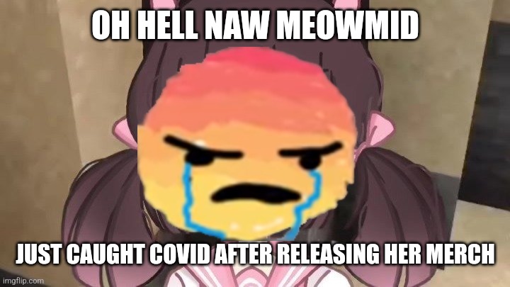Meowmid |  OH HELL NAW MEOWMID; JUST CAUGHT COVID AFTER RELEASING HER MERCH | image tagged in meowmid,merch,covid-19,coronavirus,memes | made w/ Imgflip meme maker