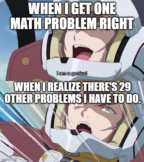 I am a genius! Oh no! | WHEN I GET ONE MATH PROBLEM RIGHT; WHEN I REALIZE THERE'S 29 OTHER PROBLEMS I HAVE TO DO. | image tagged in i am a genius oh no | made w/ Imgflip meme maker
