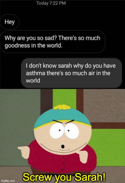 idk SARAH | Screw you Sarah! | image tagged in cartman screw you guys,memes,unfunny | made w/ Imgflip meme maker