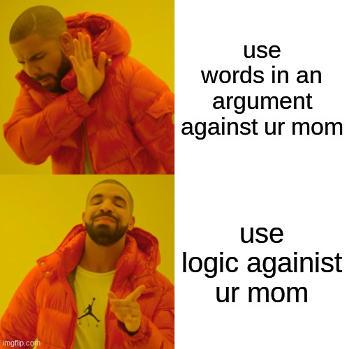 hehe | use words in an argument against ur mom; use logic againist ur mom | image tagged in memes,drake hotline bling | made w/ Imgflip meme maker