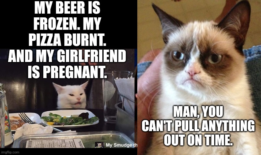 MY BEER IS FROZEN. MY PIZZA BURNT. AND MY GIRLFRIEND IS PREGNANT. MAN, YOU CAN'T PULL ANYTHING OUT ON TIME. | image tagged in smudge the cat,grumpy cat | made w/ Imgflip meme maker