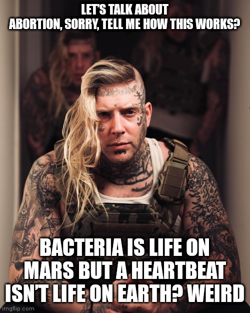 Tom MacDonald and his Demons | LET’S TALK ABOUT ABORTION, SORRY, TELL ME HOW THIS WORKS? BACTERIA IS LIFE ON MARS BUT A HEARTBEAT ISN’T LIFE ON EARTH? WEIRD | image tagged in tom macdonald and his demons | made w/ Imgflip meme maker