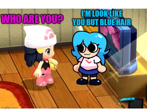 CHIBI DAWN AND SKI | I'M LOOK LIKE YOU BUT BLUE HAIR; WHO ARE YOU? | image tagged in cute,pokemon,fnf,memes,who are you,pokemon memes | made w/ Imgflip meme maker