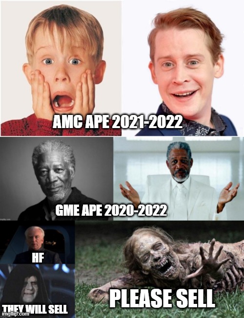 Apes Not Leaving | AMC APE 2021-2022; GME APE 2020-2022; HF; PLEASE SELL; THEY WILL SELL | image tagged in apes | made w/ Imgflip meme maker