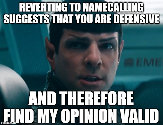 REVERTING TO NAMECALLING SUGGESTS THAT YOU ARE DEFENSIVE; AND THEREFORE FIND MY OPINION VALID | made w/ Imgflip meme maker