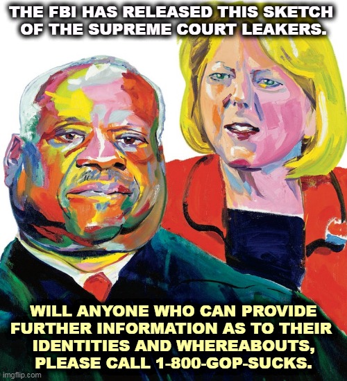 Means, motive, opportunity. | THE FBI HAS RELEASED THIS SKETCH 
OF THE SUPREME COURT LEAKERS. WILL ANYONE WHO CAN PROVIDE FURTHER INFORMATION AS TO THEIR 
IDENTITIES AND WHEREABOUTS, PLEASE CALL 1-800-GOP-SUCKS. | image tagged in supreme court,leaks,clarence,thomas,gop,awful | made w/ Imgflip meme maker