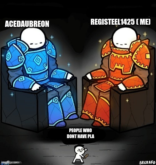 Acedaumbreon already has Arkoos and i have a crap ton of shinies. | REGISTEEL1425 ( ME); ACEDAUBREON; PEOPLE WHO DONT HAVE PLA | image tagged in god god noob | made w/ Imgflip meme maker
