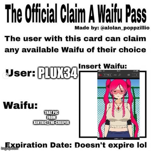 The waifu of the year | PLUX34; THAT PIC FROM XENTRIC_THE-CREEPER | image tagged in official claim a waifu pass | made w/ Imgflip meme maker