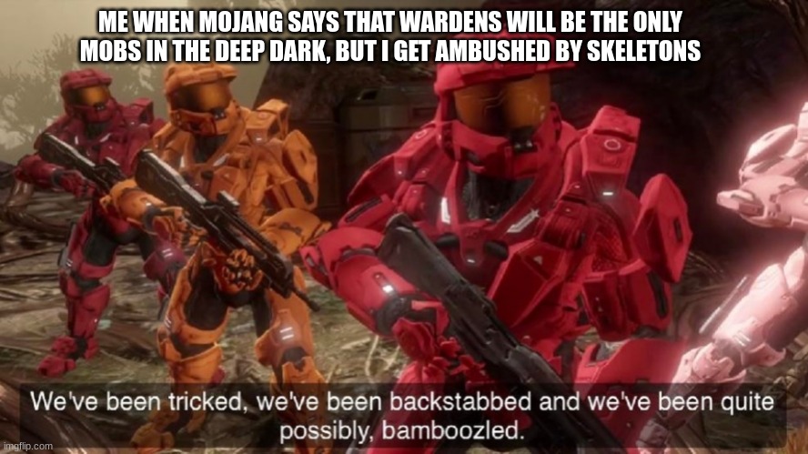 We've been tricked | ME WHEN MOJANG SAYS THAT WARDENS WILL BE THE ONLY MOBS IN THE DEEP DARK, BUT I GET AMBUSHED BY SKELETONS | image tagged in we've been tricked | made w/ Imgflip meme maker