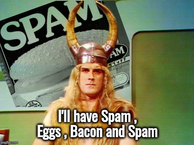 Spam , spam , spam . . . | I'll have Spam , Eggs , Bacon and Spam | image tagged in spam spam spam | made w/ Imgflip meme maker